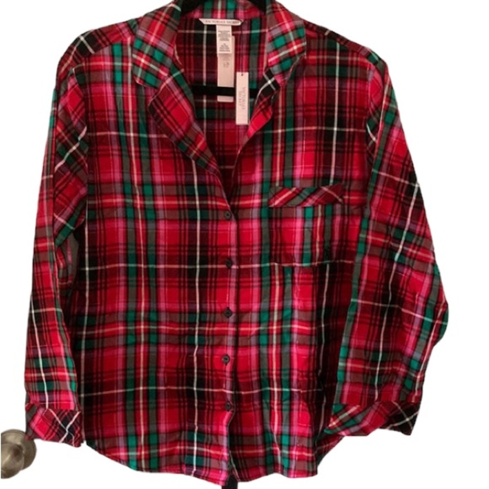 Victoria’s Secret Plaid Flannel Pajama Top Embroidered logo SZ L